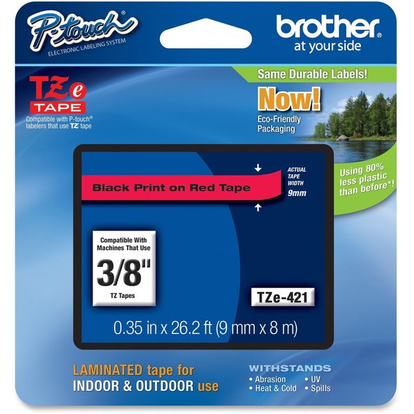 Brother Brother 9mm (3/8") Black on Red Laminated Tape (8m/26.2') TZE421